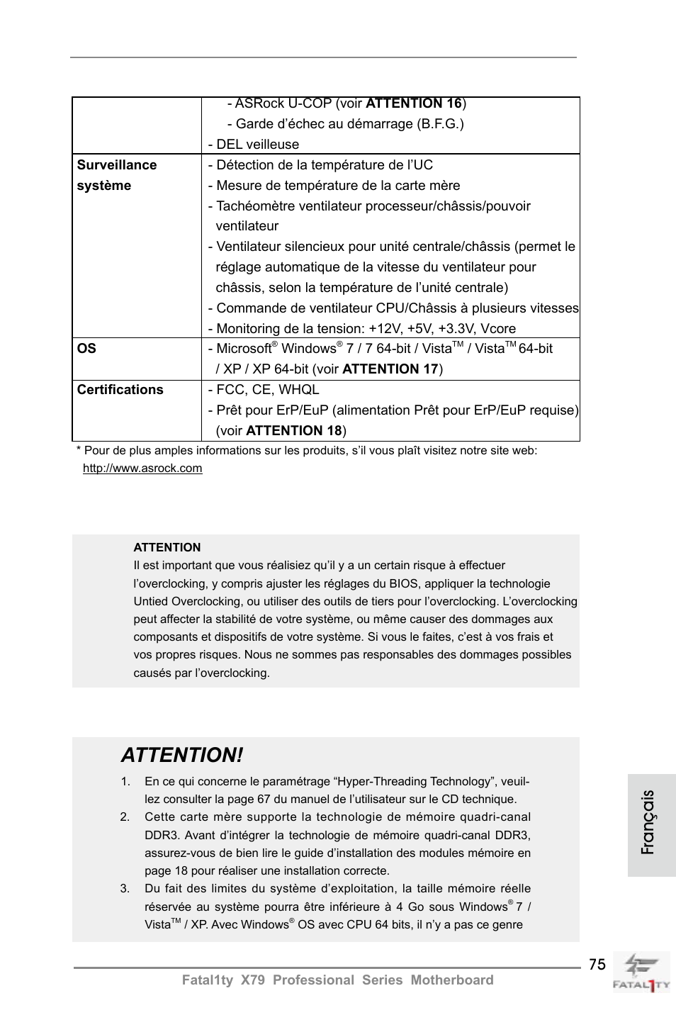 Attention, Français | ASRock Fatal1ty X79 Professional User Manual | Page 75 / 238