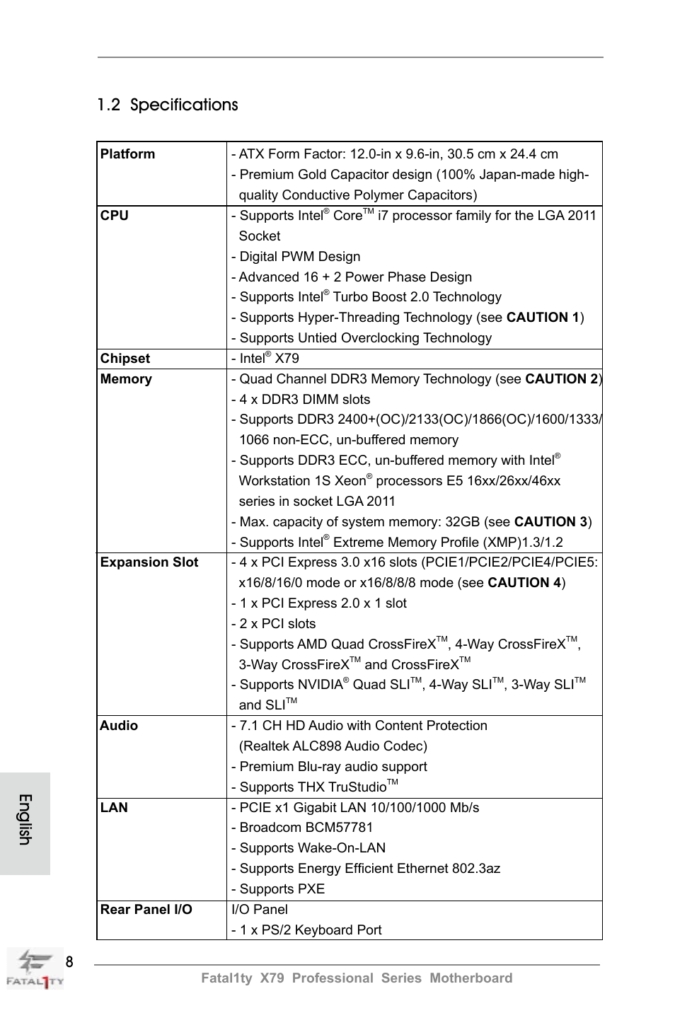 English 1.2 specifications | ASRock Fatal1ty X79 Professional User Manual | Page 8 / 238