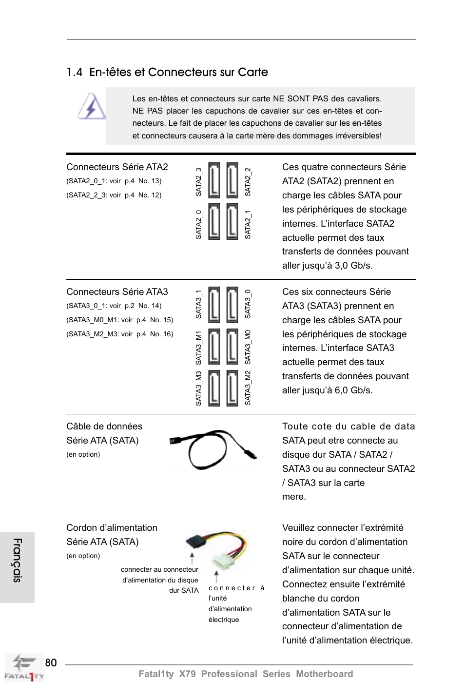 Français 1.4 en-têtes et connecteurs sur carte | ASRock Fatal1ty X79 Professional User Manual | Page 80 / 238