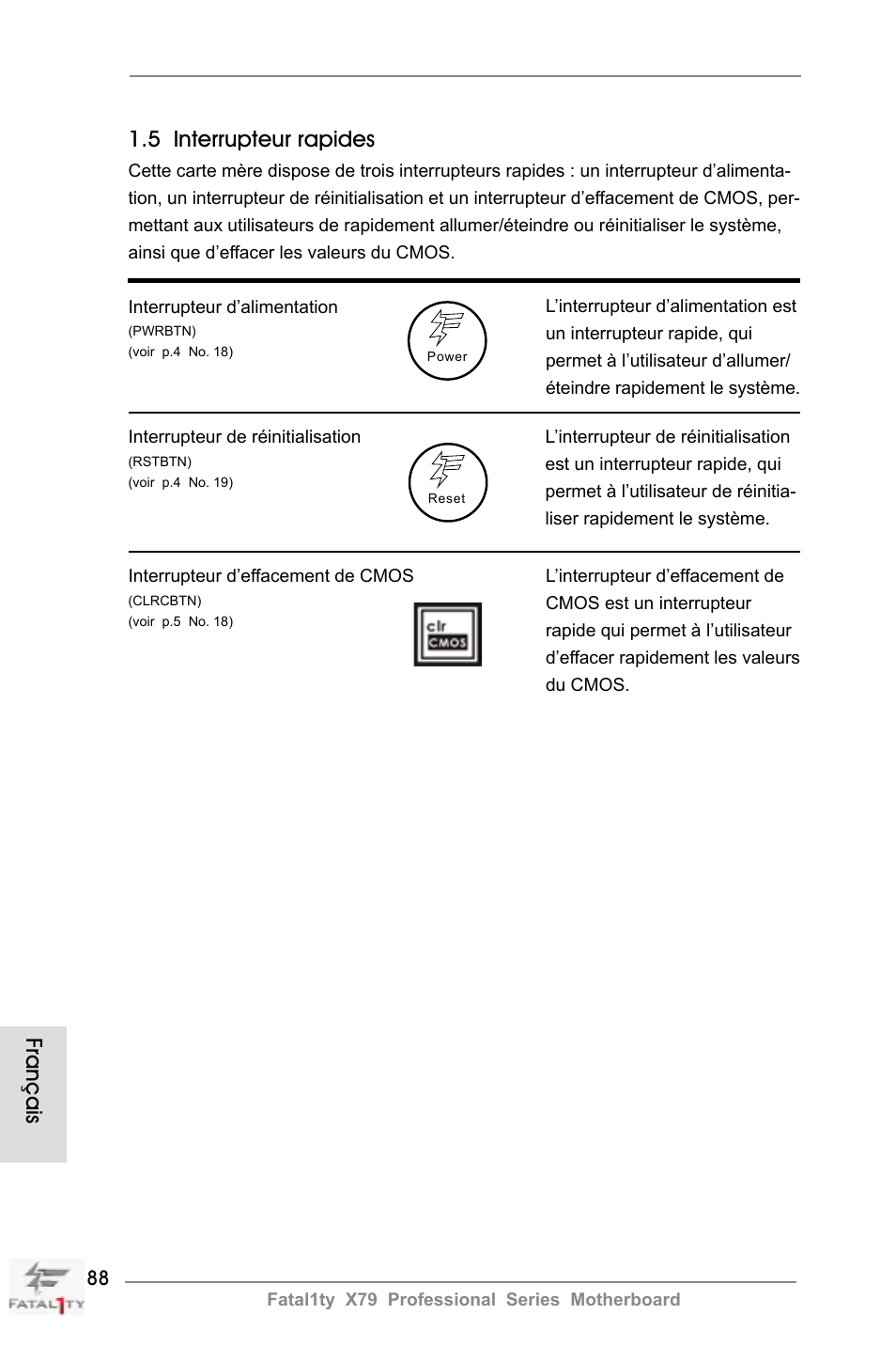 5 interrupteur rapides, Français | ASRock Fatal1ty X79 Professional User Manual | Page 88 / 238