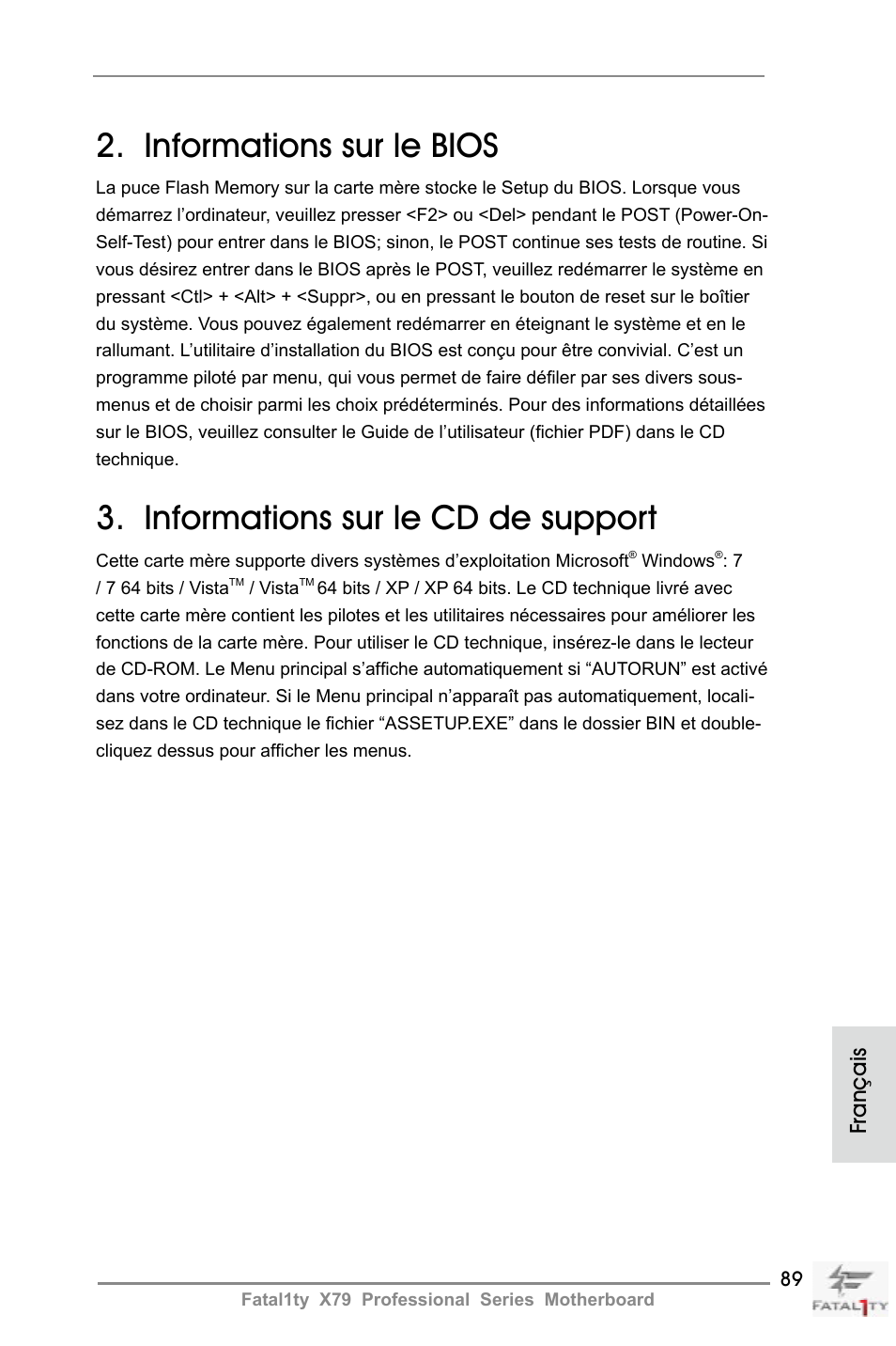 Informations sur le bios, Informations sur le cd de support, Français | ASRock Fatal1ty X79 Professional User Manual | Page 89 / 238