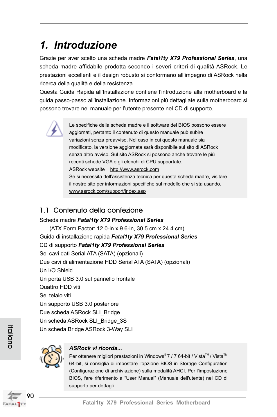 Italian, Introduzione, 1 contenuto della confezione | Italiano | ASRock Fatal1ty X79 Professional User Manual | Page 90 / 238