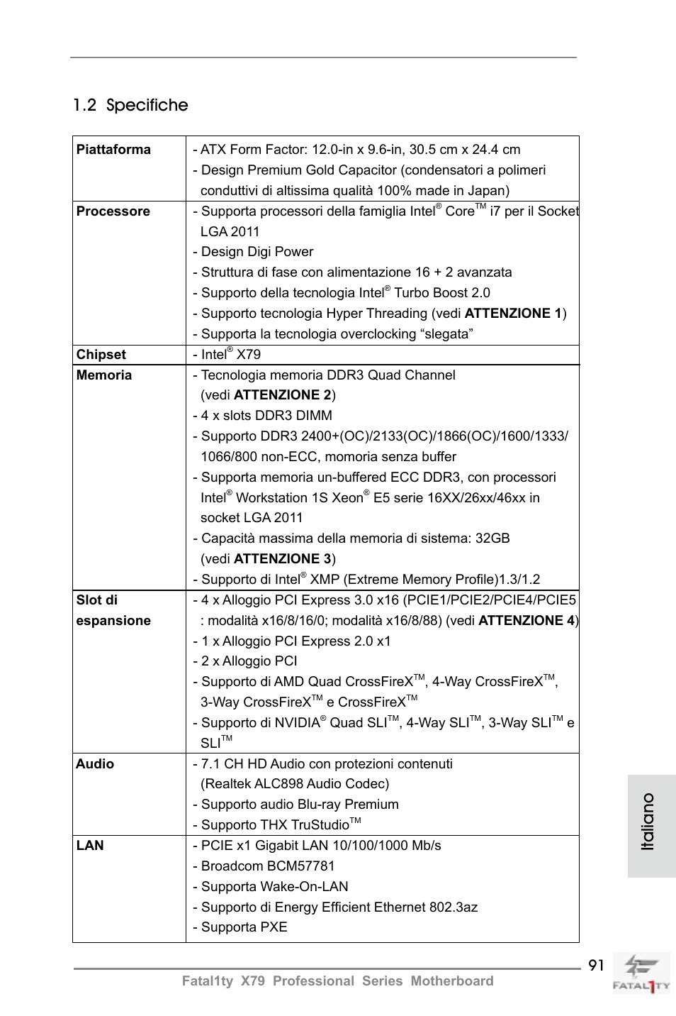 Italiano 1.2 specifiche | ASRock Fatal1ty X79 Professional User Manual | Page 91 / 238