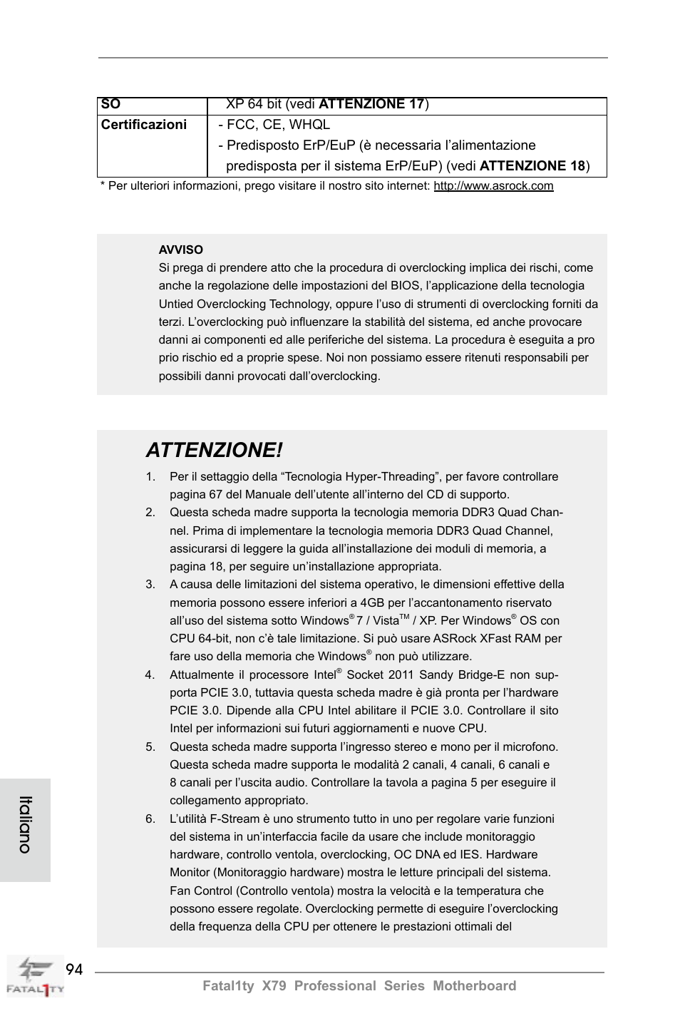 Attenzione, Italiano | ASRock Fatal1ty X79 Professional User Manual | Page 94 / 238