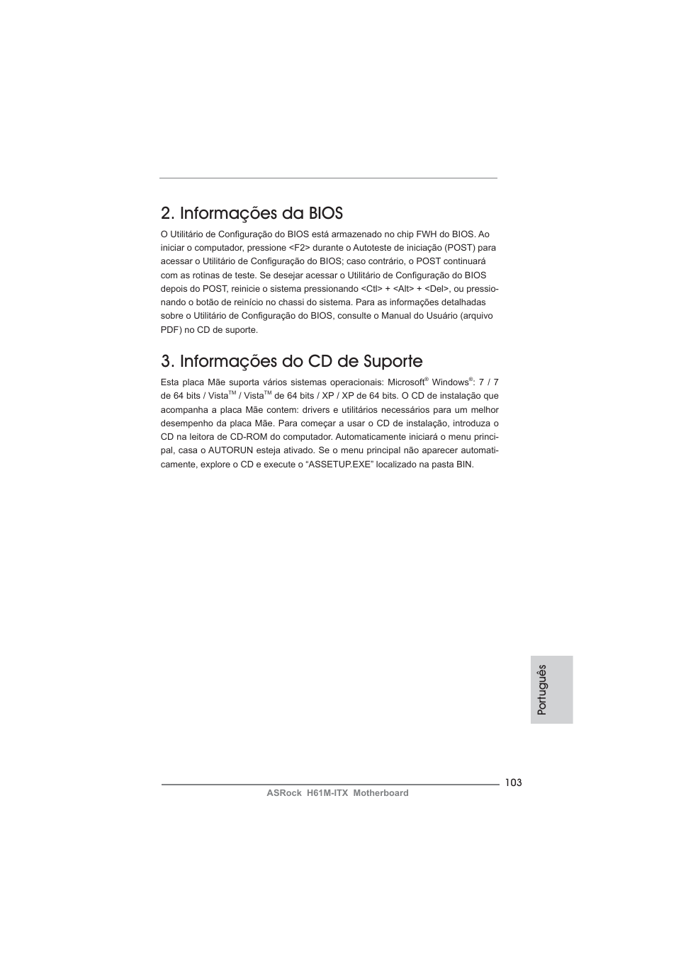 Informações da bios, Informações do cd de suporte | ASRock H61M-ITX User Manual | Page 103 / 165