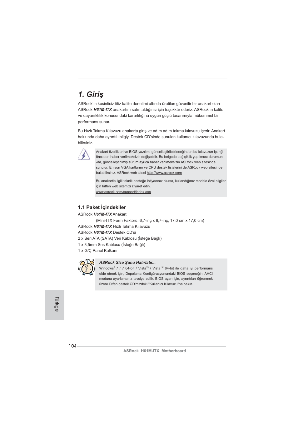 Turkish, Giriş | ASRock H61M-ITX User Manual | Page 104 / 165
