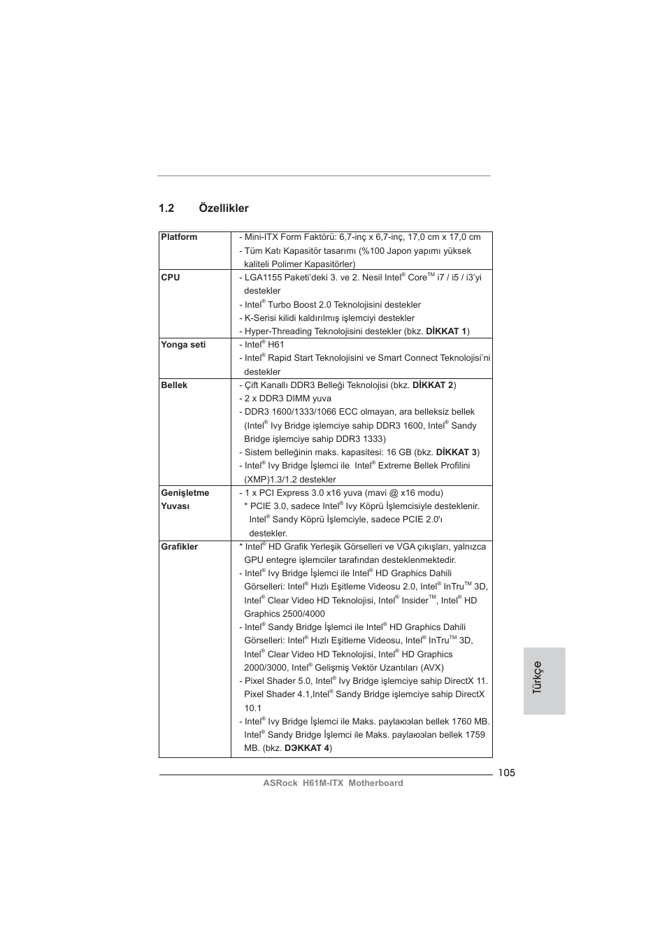 Türkçe 1.2 özellikler | ASRock H61M-ITX User Manual | Page 105 / 165