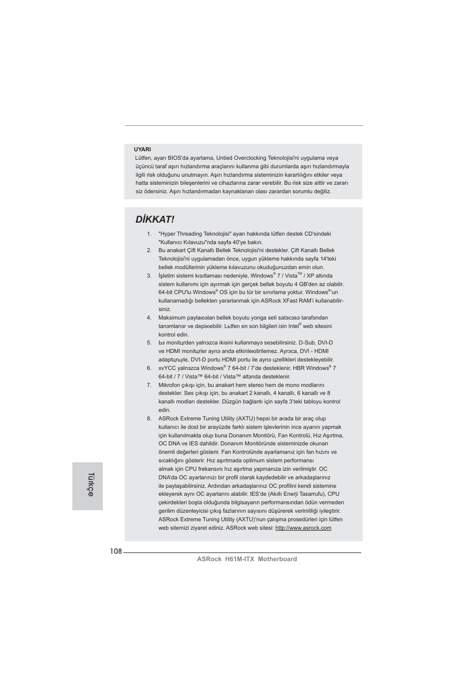 Dikkat, Türkçe | ASRock H61M-ITX User Manual | Page 108 / 165