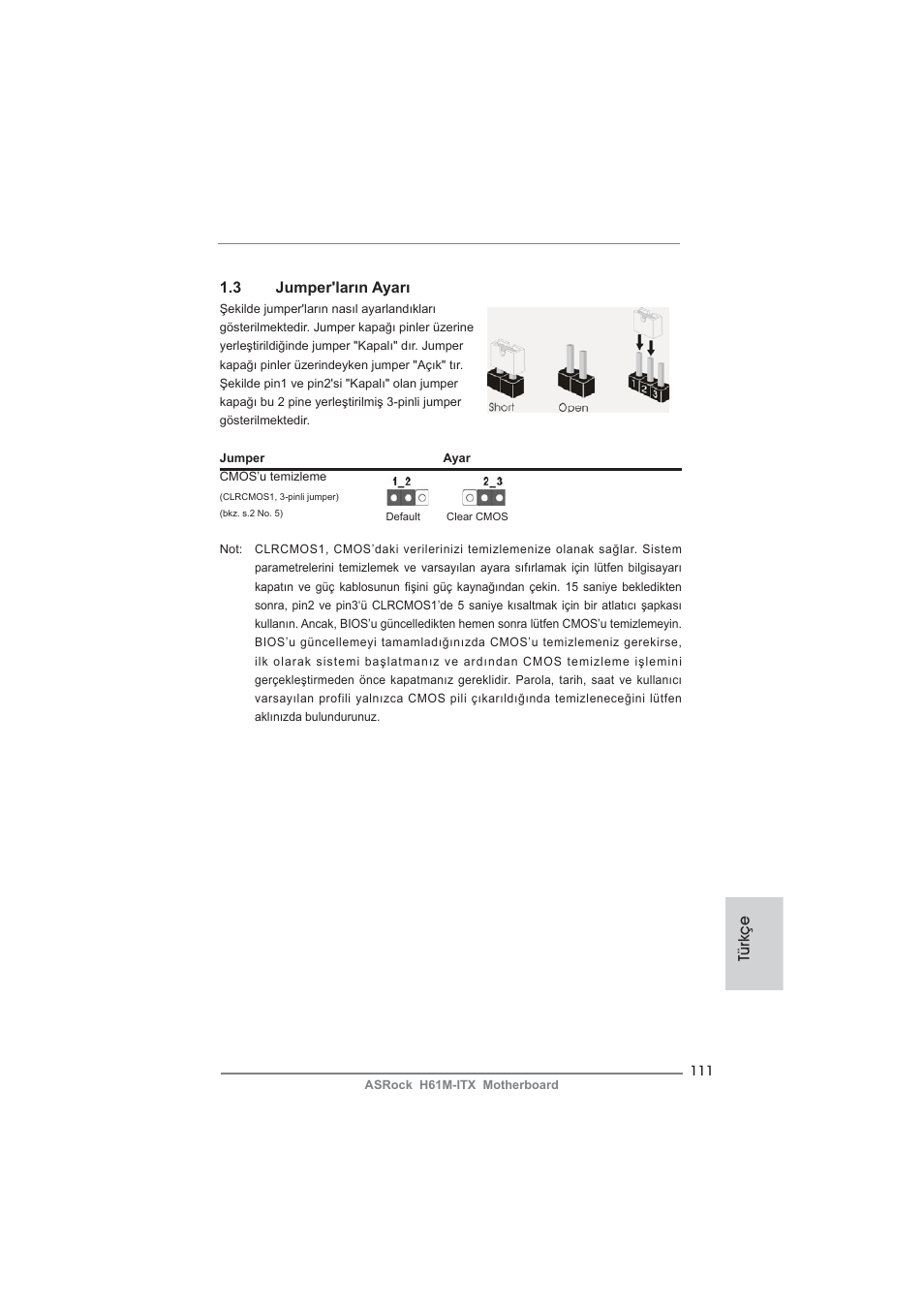 3 jumper'ların ayarı, Türkçe | ASRock H61M-ITX User Manual | Page 111 / 165