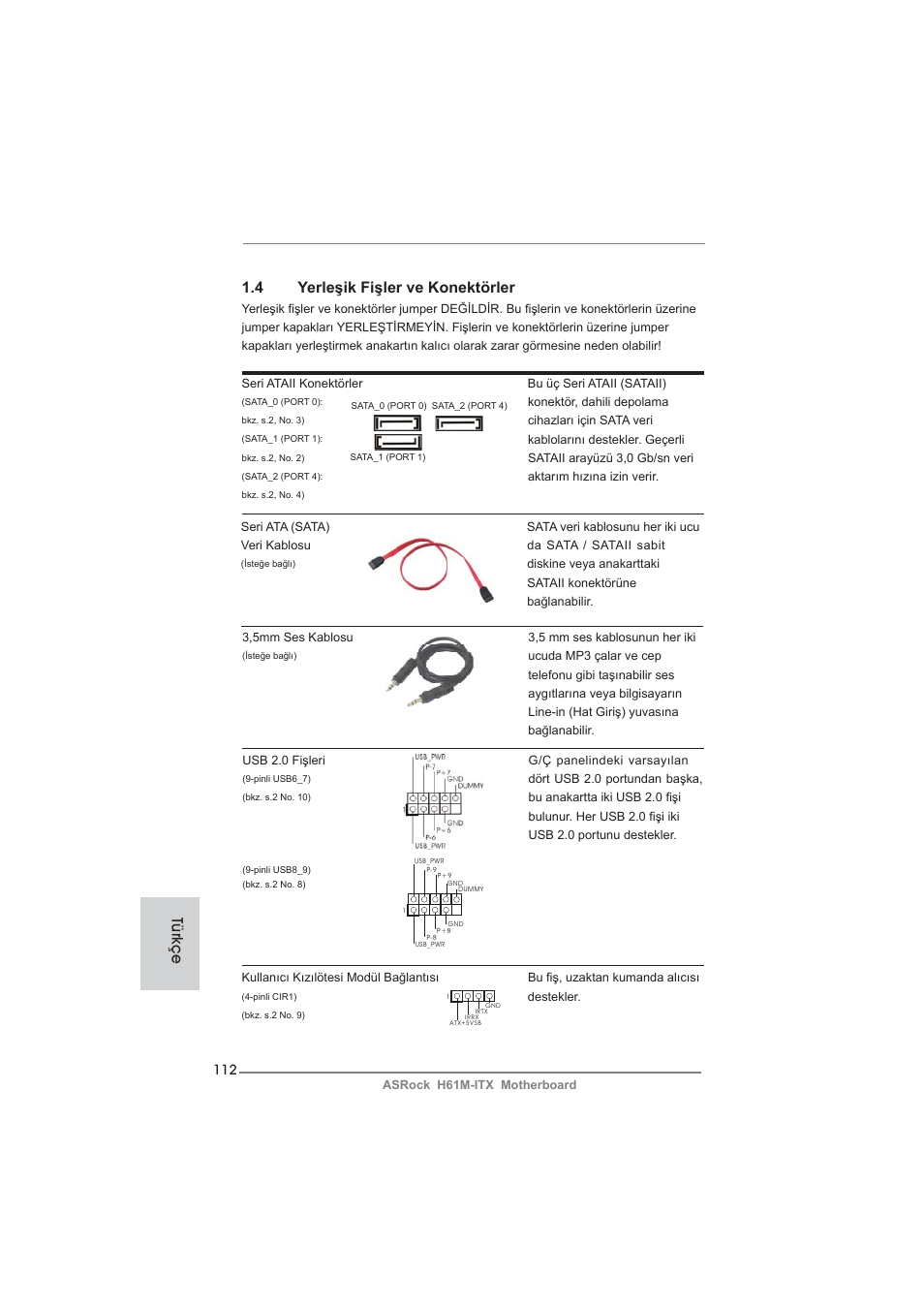 4 yerleşik fişler ve konektörler, Türkçe | ASRock H61M-ITX User Manual | Page 112 / 165