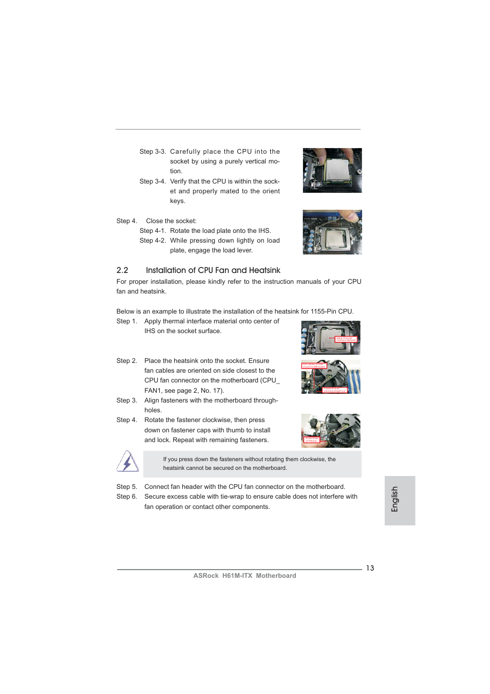 English, 2 installation of cpu fan and heatsink | ASRock H61M-ITX User Manual | Page 13 / 165