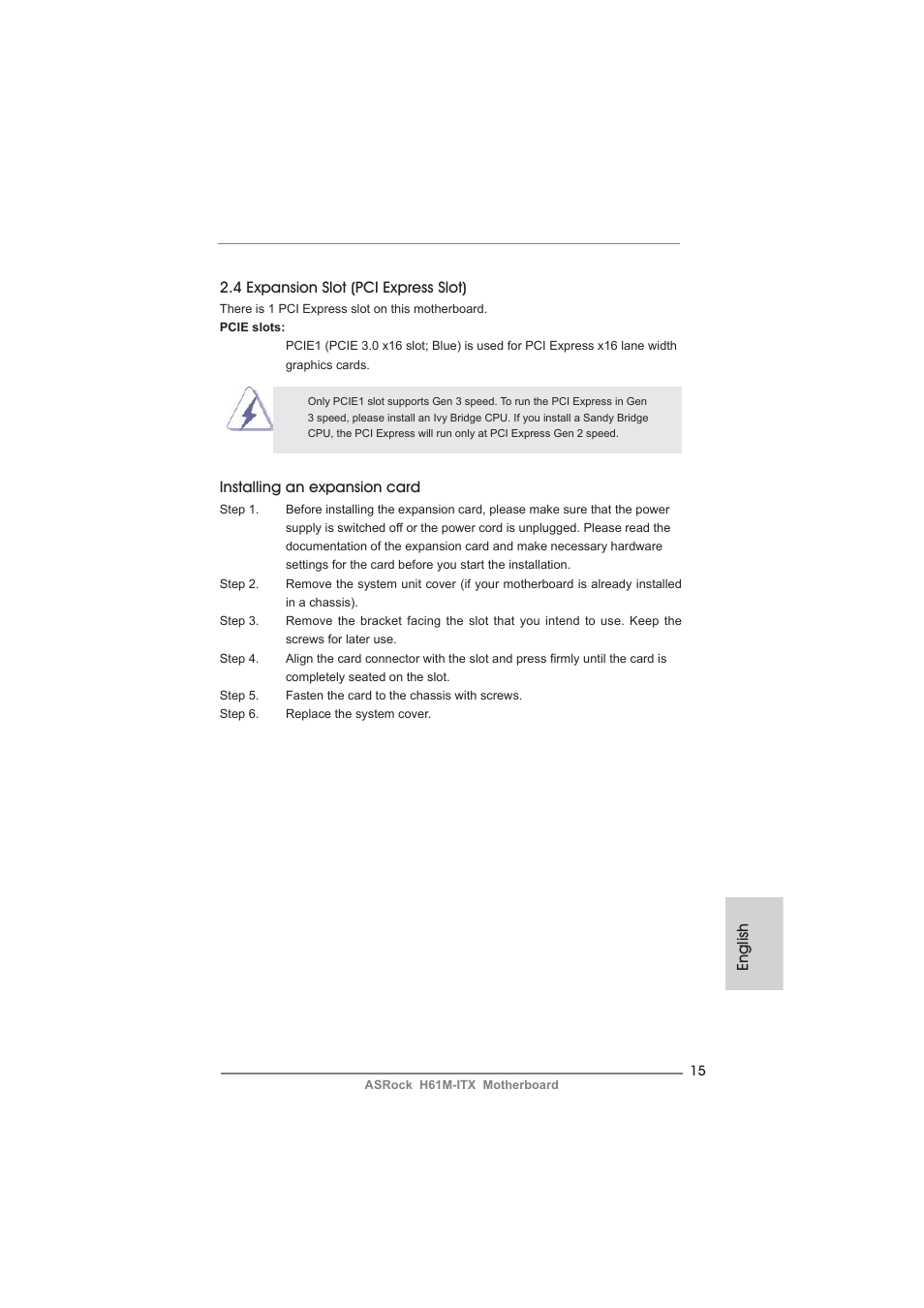 English 2.4 expansion slot (pci express slot), Installing an expansion card | ASRock H61M-ITX User Manual | Page 15 / 165