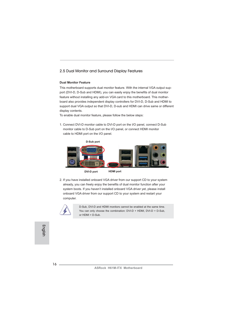 English, 5 dual monitor and surround display features | ASRock H61M-ITX User Manual | Page 16 / 165
