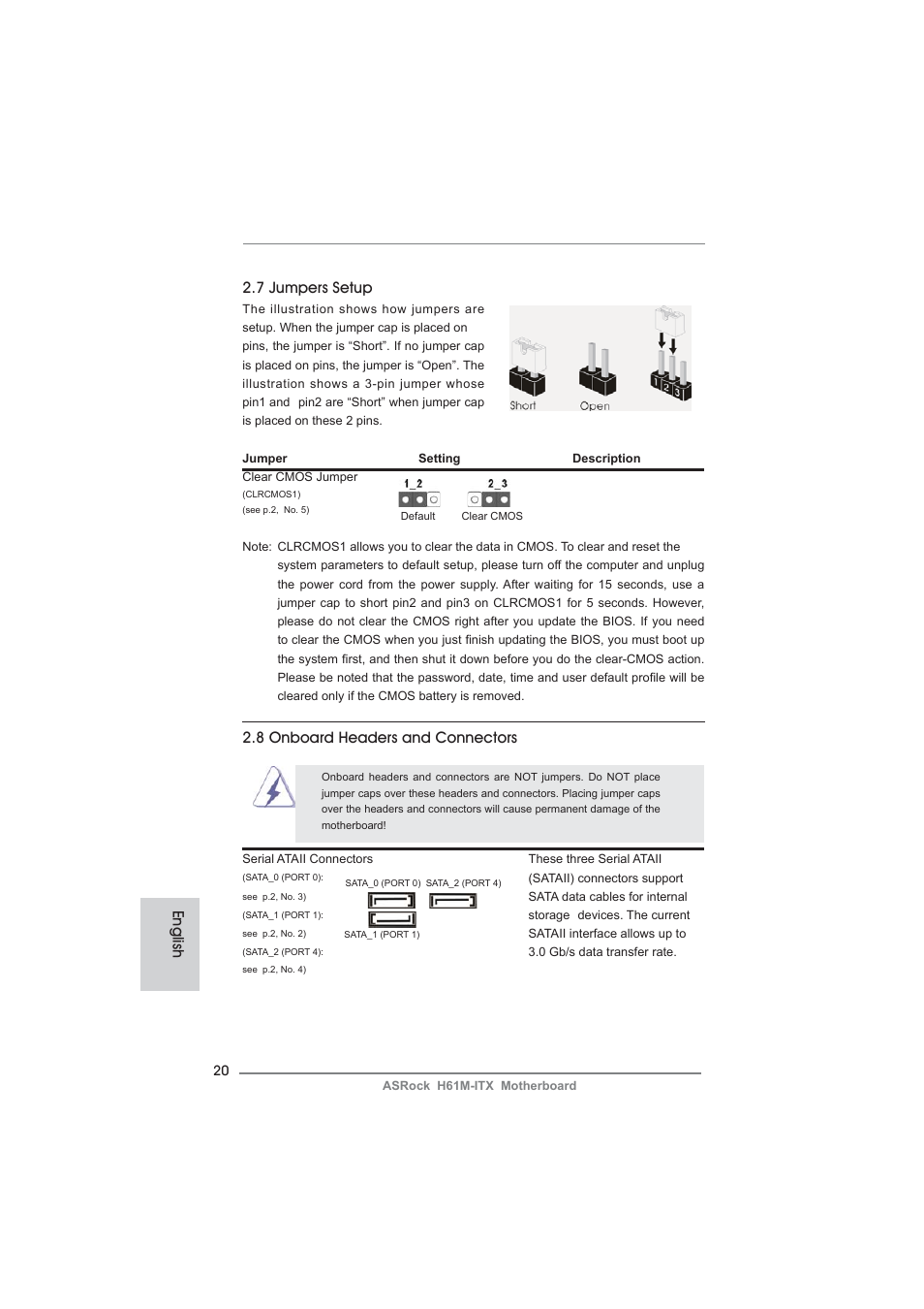 7 jumpers setup, English 2.8 onboard headers and connectors | ASRock H61M-ITX User Manual | Page 20 / 165