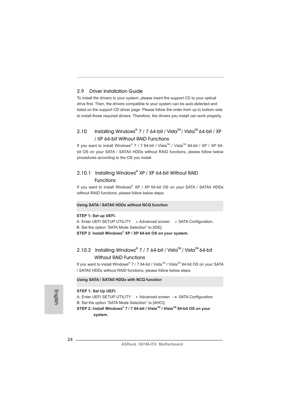 English 2.9 driver installation guide, 10 installing windows, 7 / 7 64-bit / vista | Vista, Bit / xp / xp 64-bit without raid functions, 1 installing windows, Xp / xp 64-bit without raid functions, 2 installing windows, Bit without raid functions | ASRock H61M-ITX User Manual | Page 24 / 165