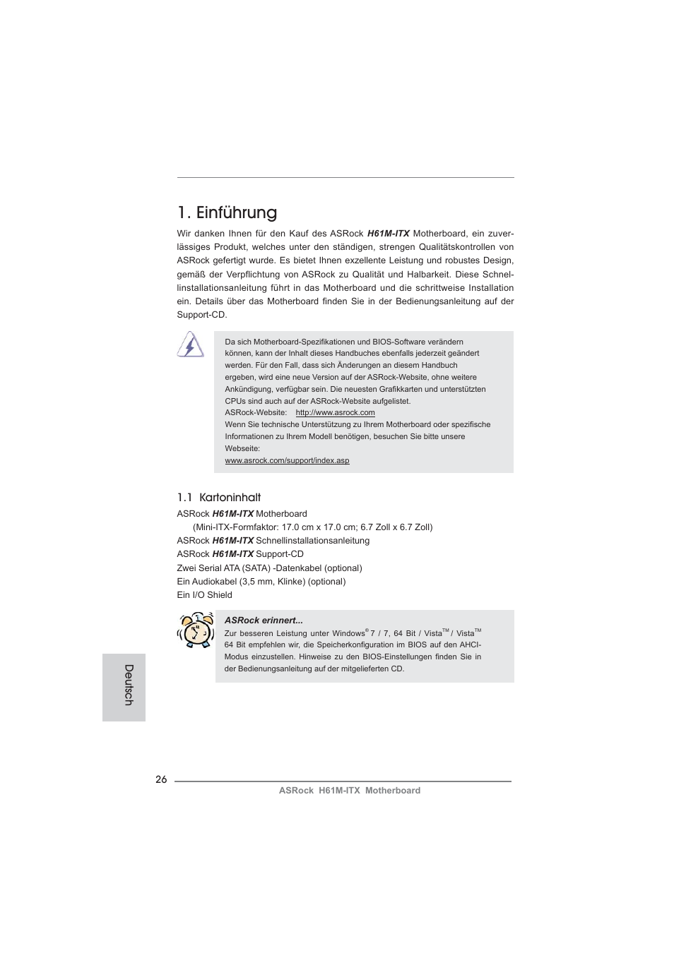 German, Einführung, 1 kartoninhalt | Deutsch | ASRock H61M-ITX User Manual | Page 26 / 165