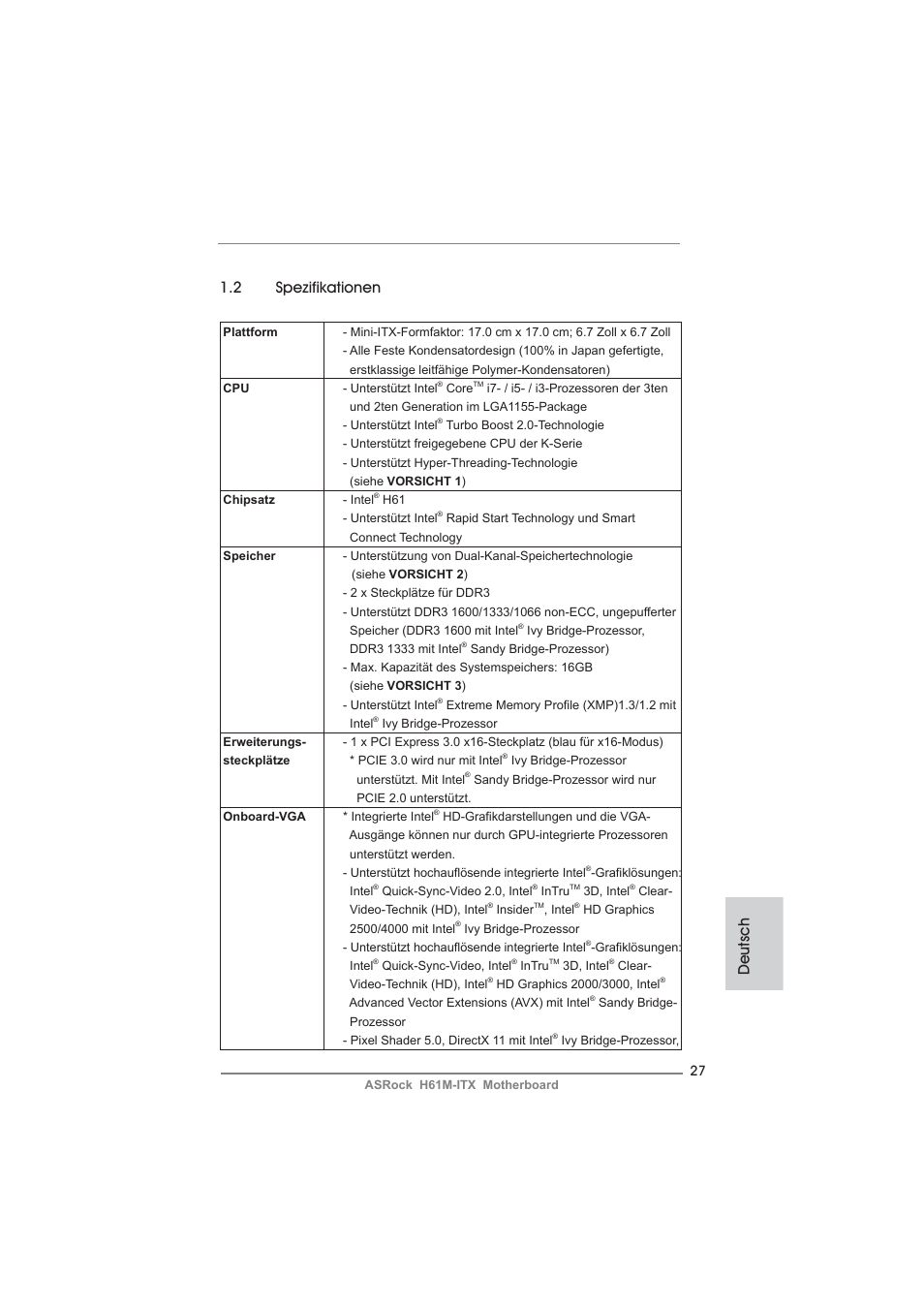 Deutsch 1.2 spezifikationen | ASRock H61M-ITX User Manual | Page 27 / 165