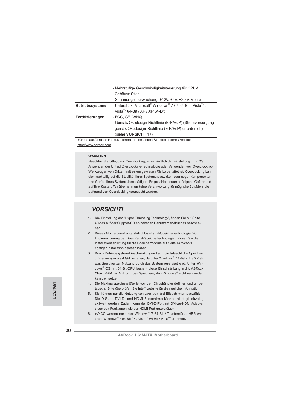 Vorsicht, Deutsch | ASRock H61M-ITX User Manual | Page 30 / 165