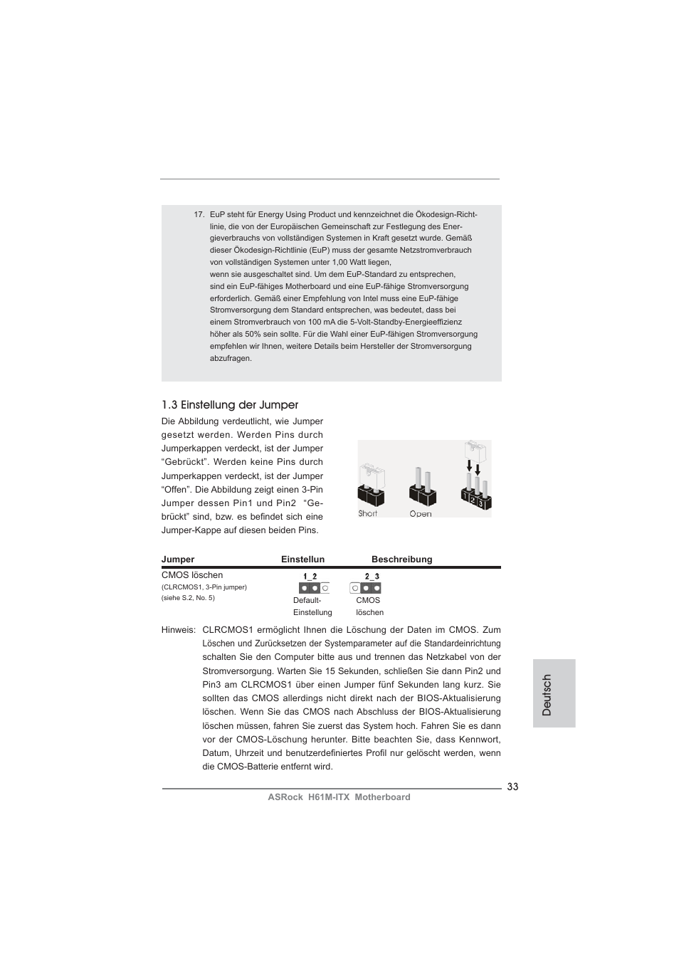 Deutsch 1.3 einstellung der jumper | ASRock H61M-ITX User Manual | Page 33 / 165