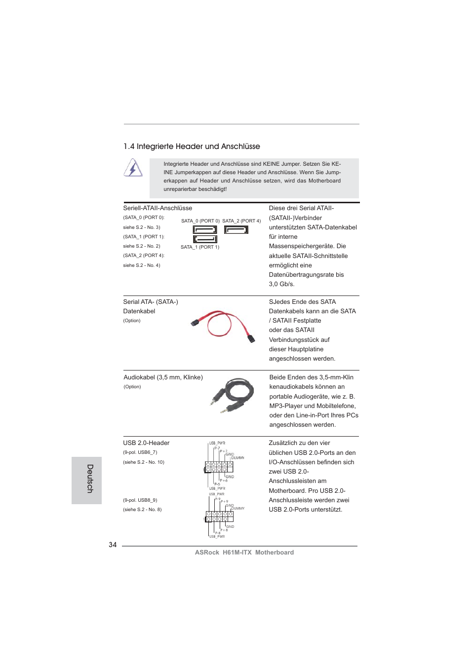 4 integrierte header und anschlüsse, Deutsch | ASRock H61M-ITX User Manual | Page 34 / 165