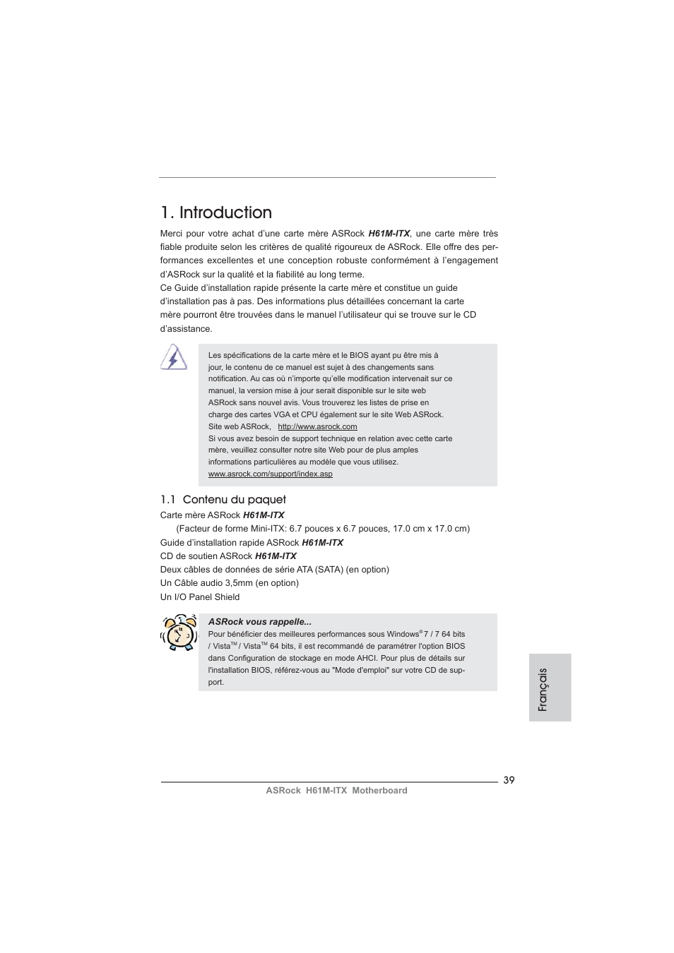 French, Introduction, 1 contenu du paquet | Français | ASRock H61M-ITX User Manual | Page 39 / 165