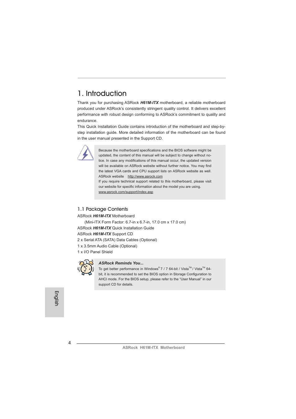 Introduction, 1 package contents, English | ASRock H61M-ITX User Manual | Page 4 / 165