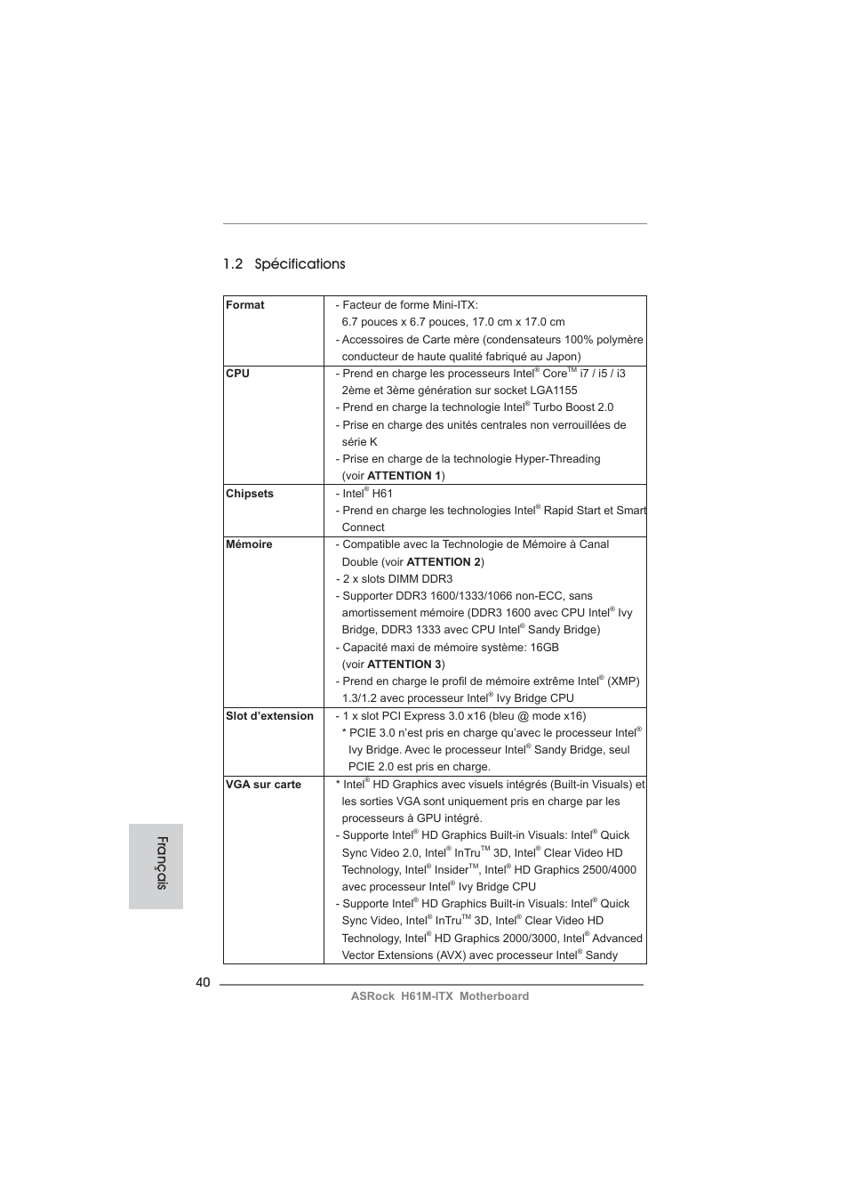 2 spécifications, Français | ASRock H61M-ITX User Manual | Page 40 / 165