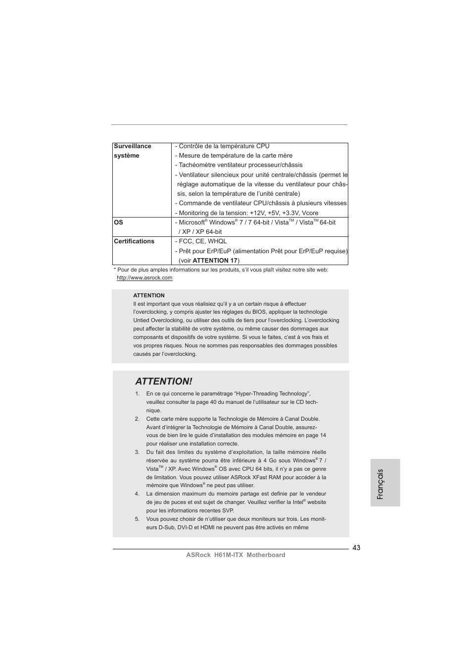 Attention, Français | ASRock H61M-ITX User Manual | Page 43 / 165