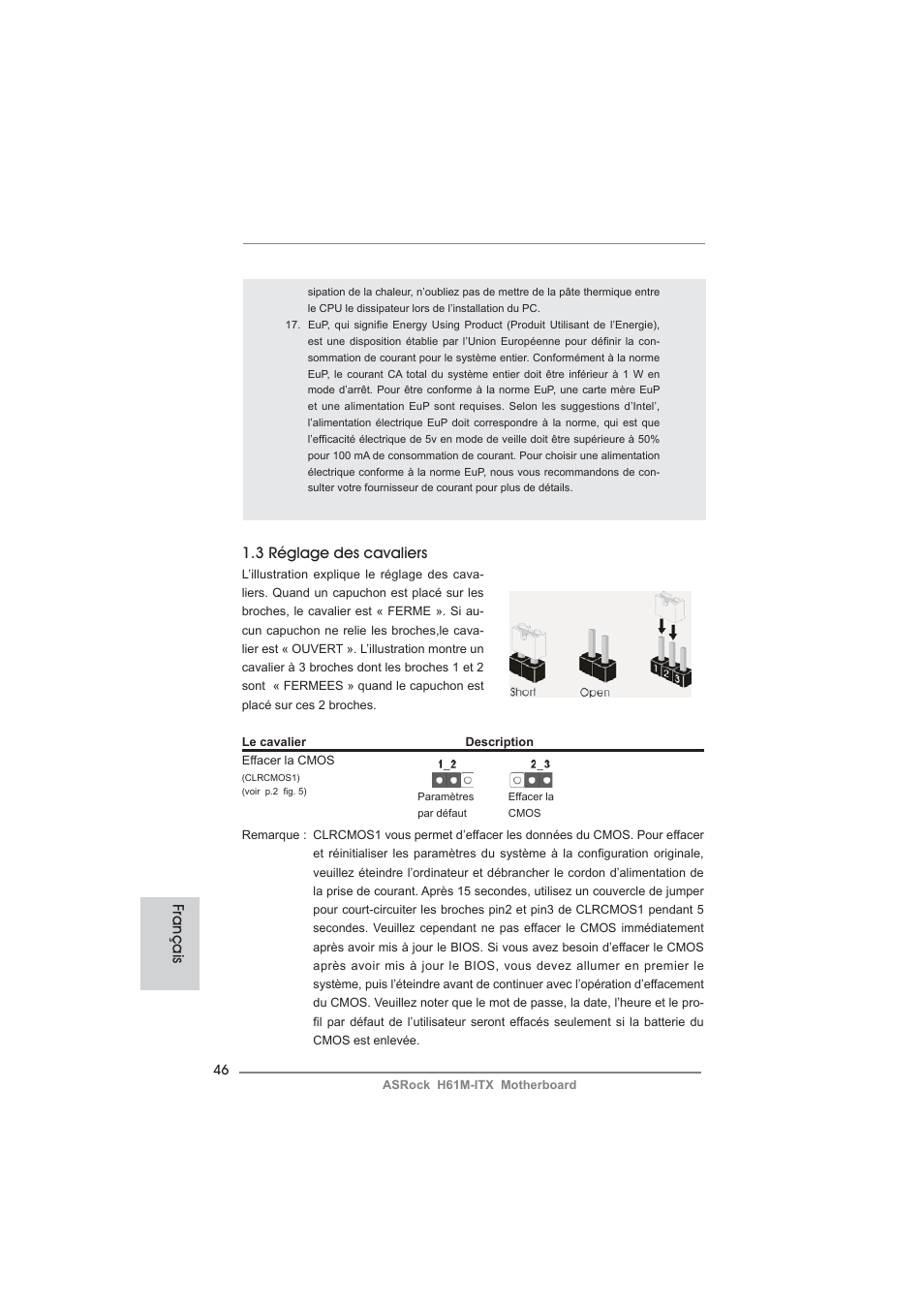 3 réglage des cavaliers, Français | ASRock H61M-ITX User Manual | Page 46 / 165