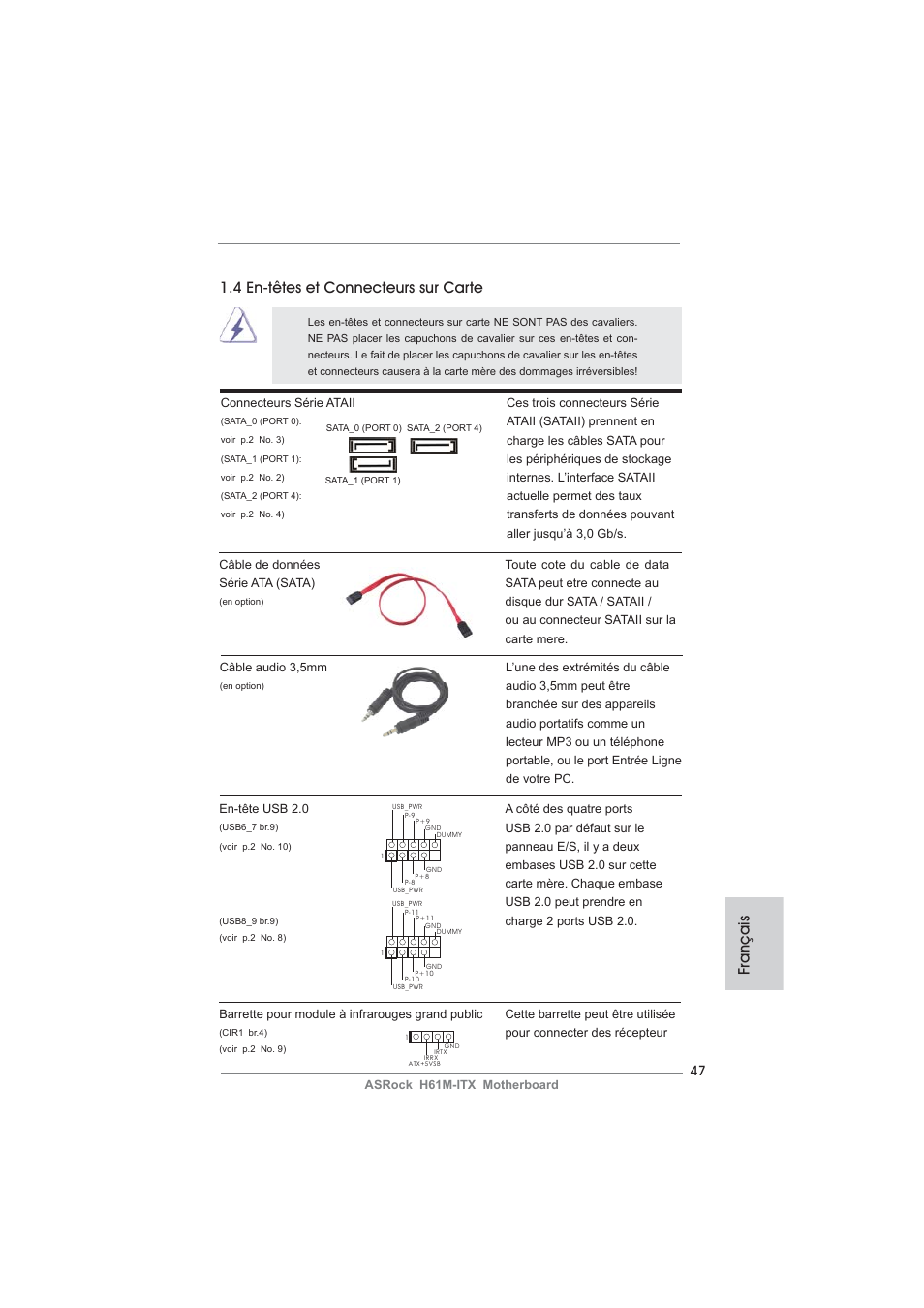 Français 1.4 en-têtes et connecteurs sur carte | ASRock H61M-ITX User Manual | Page 47 / 165