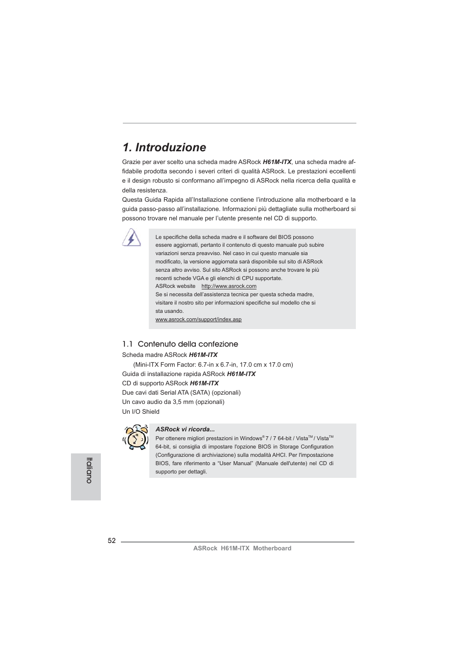 Italian, Introduzione, 1 contenuto della confezione | Italiano | ASRock H61M-ITX User Manual | Page 52 / 165
