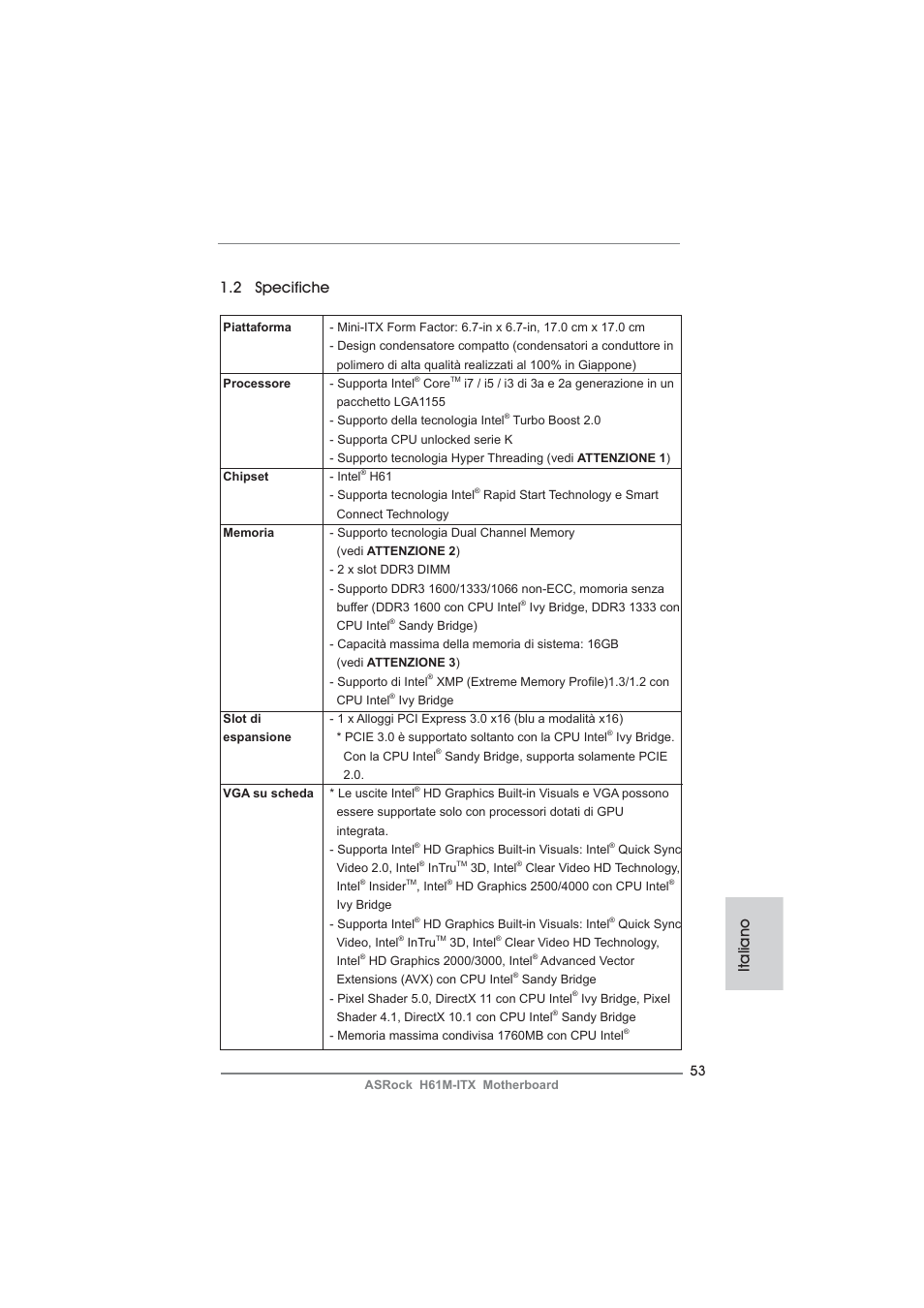 Italiano 1.2 specifiche | ASRock H61M-ITX User Manual | Page 53 / 165