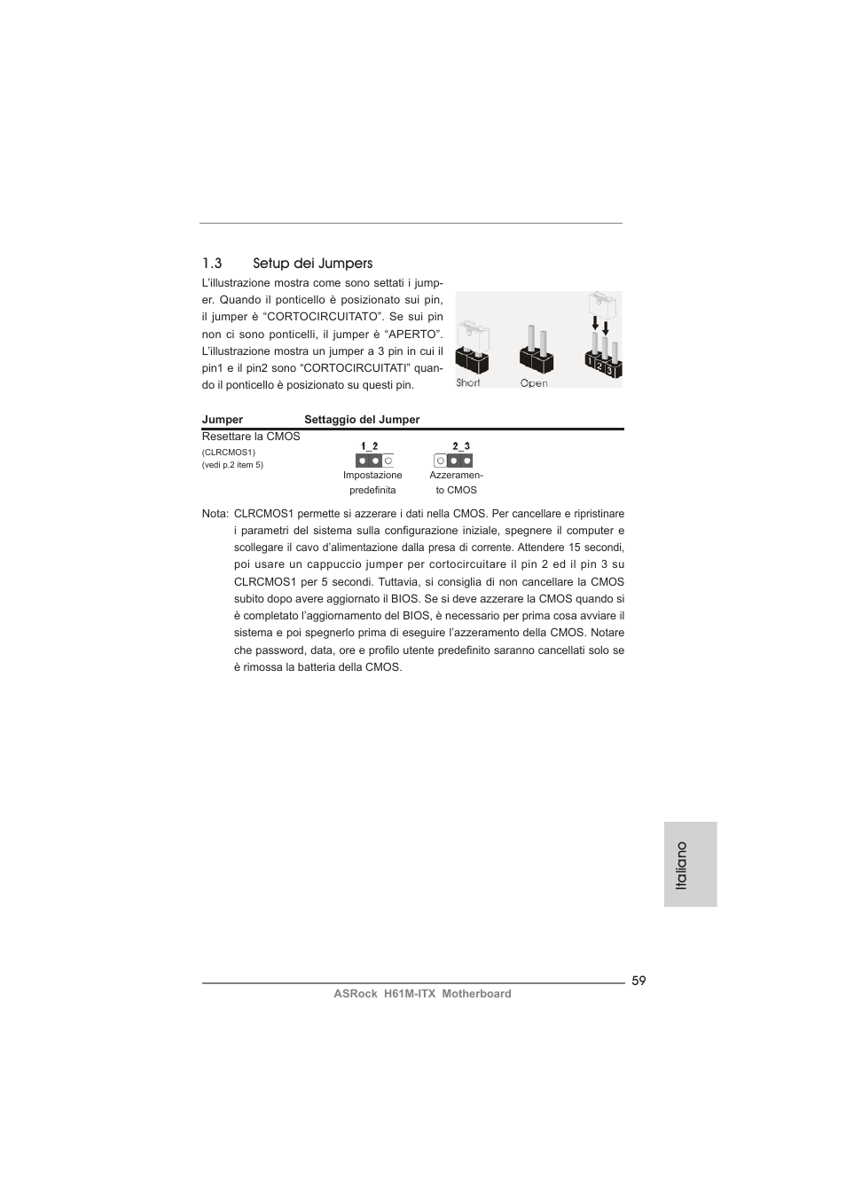 Italiano 1.3 setup dei jumpers | ASRock H61M-ITX User Manual | Page 59 / 165