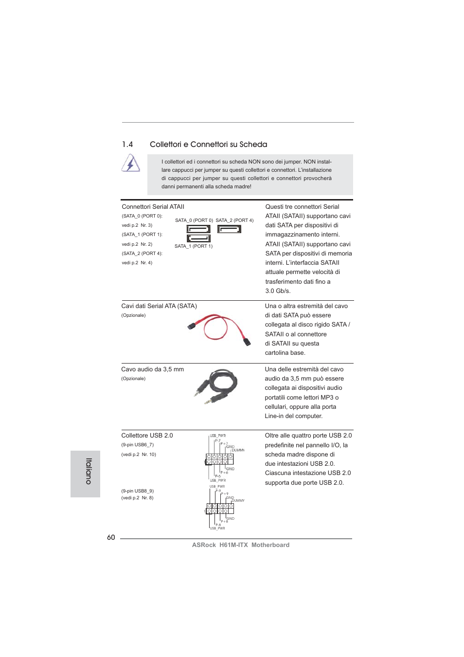 4 collettori e connettori su scheda, Italiano | ASRock H61M-ITX User Manual | Page 60 / 165