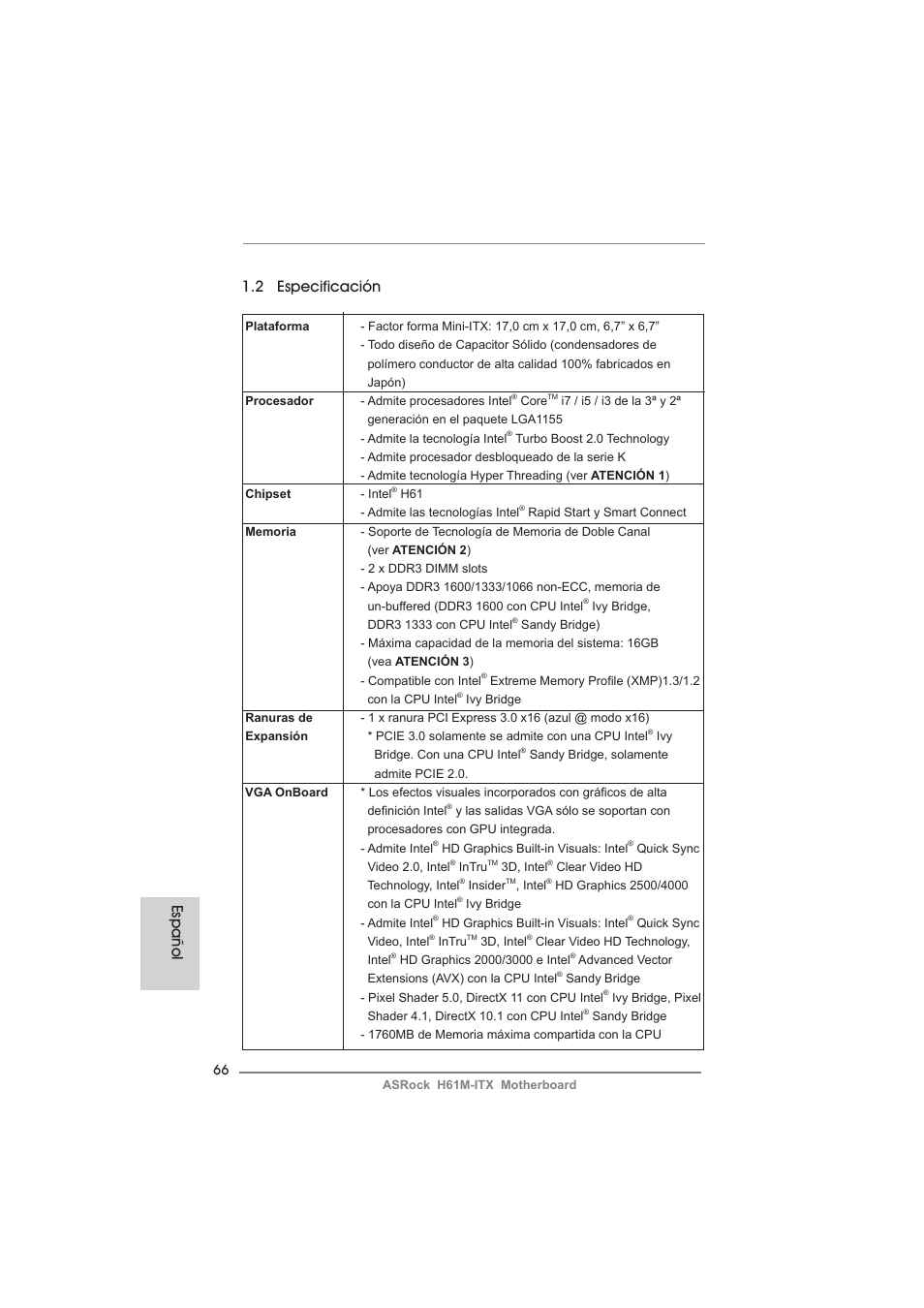 2 especificación, Español | ASRock H61M-ITX User Manual | Page 66 / 165