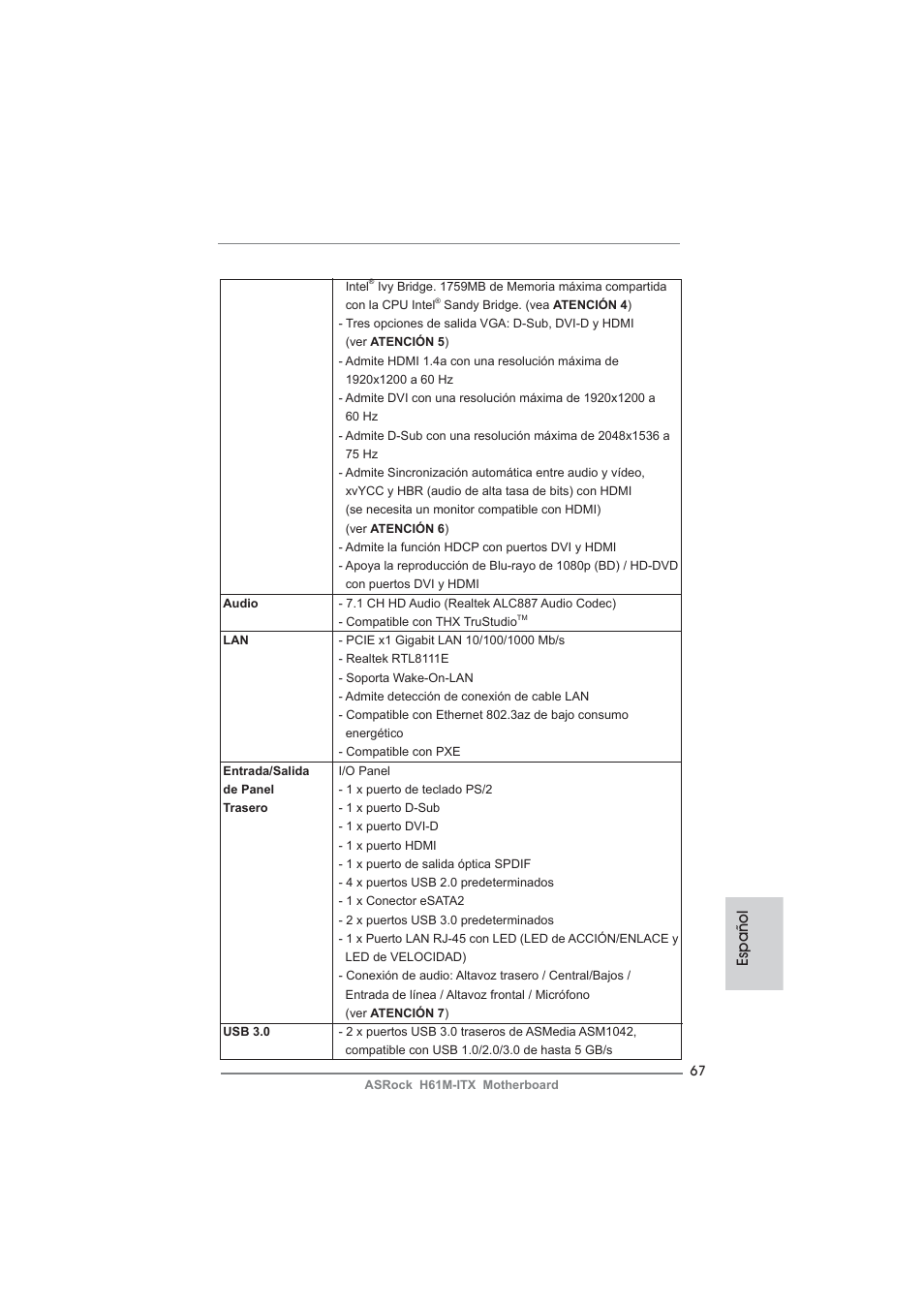 Español | ASRock H61M-ITX User Manual | Page 67 / 165
