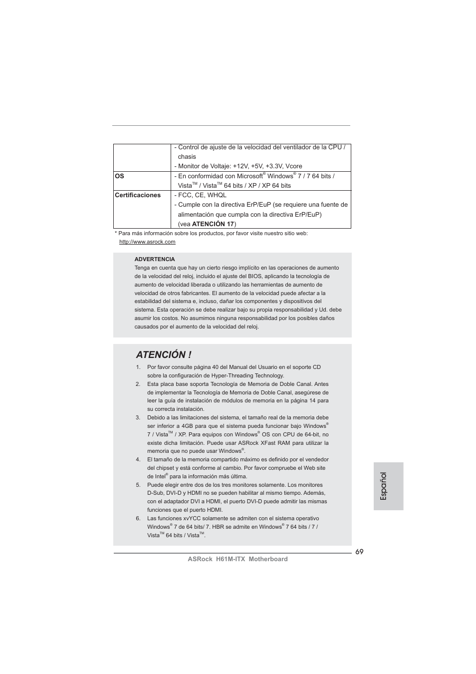 Atención, Español | ASRock H61M-ITX User Manual | Page 69 / 165