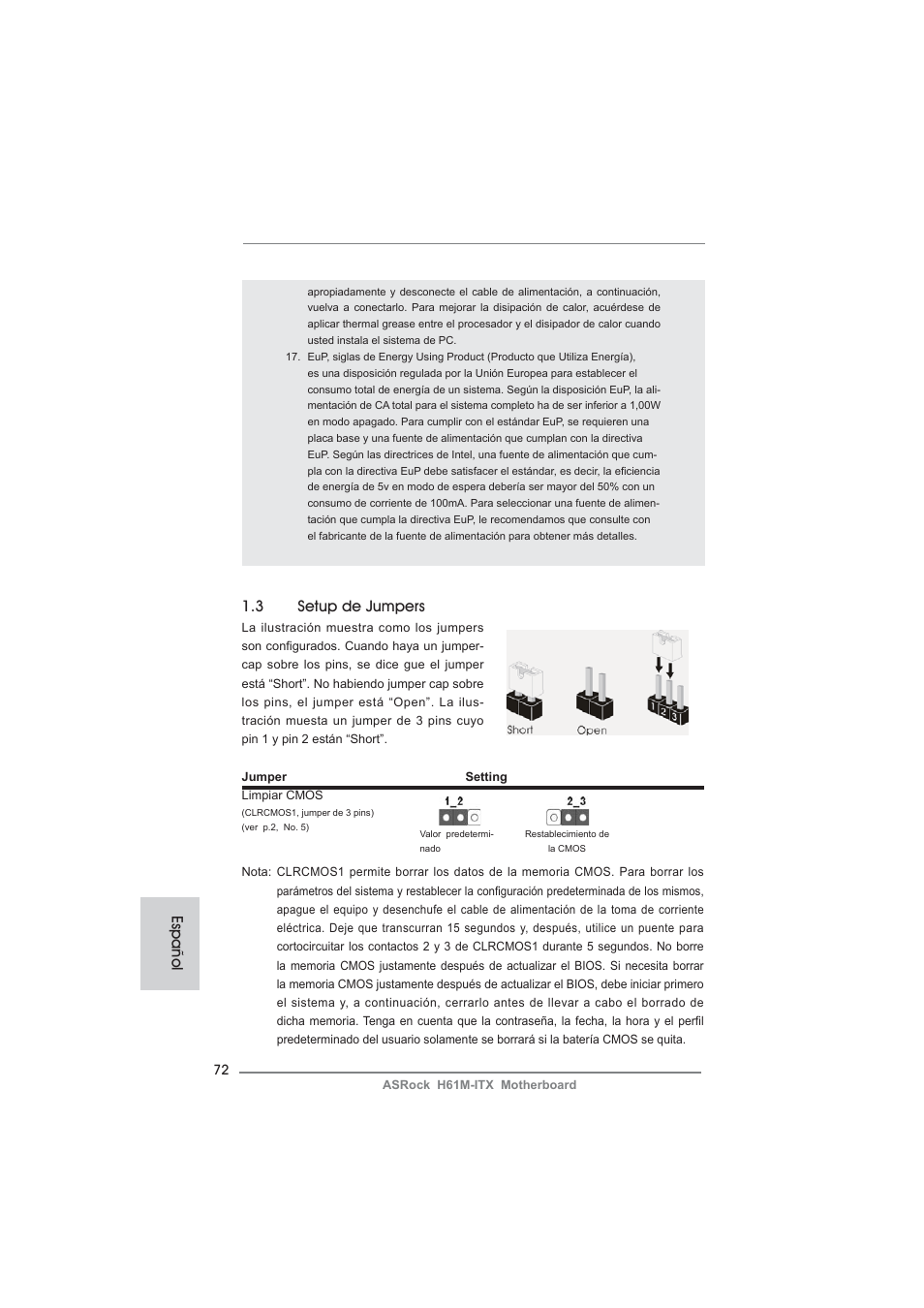 3 setup de jumpers, Español | ASRock H61M-ITX User Manual | Page 72 / 165