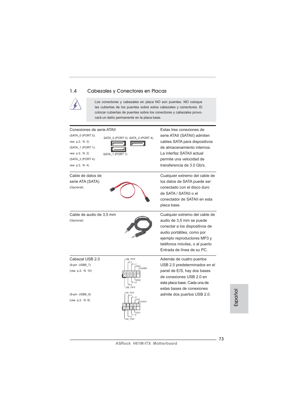 Español 1.4 cabezales y conectores en placas | ASRock H61M-ITX User Manual | Page 73 / 165