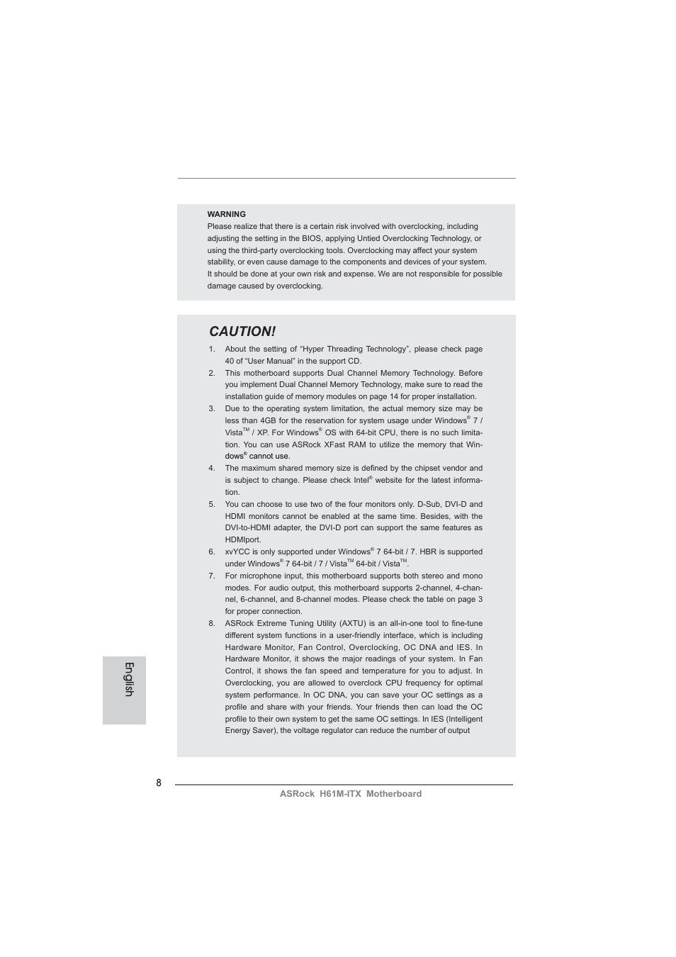 Caution, English | ASRock H61M-ITX User Manual | Page 8 / 165
