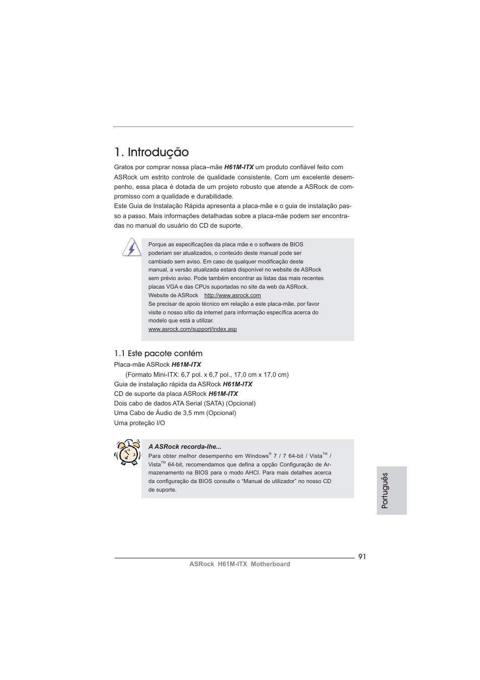 Portuguese, Introdução, Po rtuguês | 1 este pacote contém | ASRock H61M-ITX User Manual | Page 91 / 165