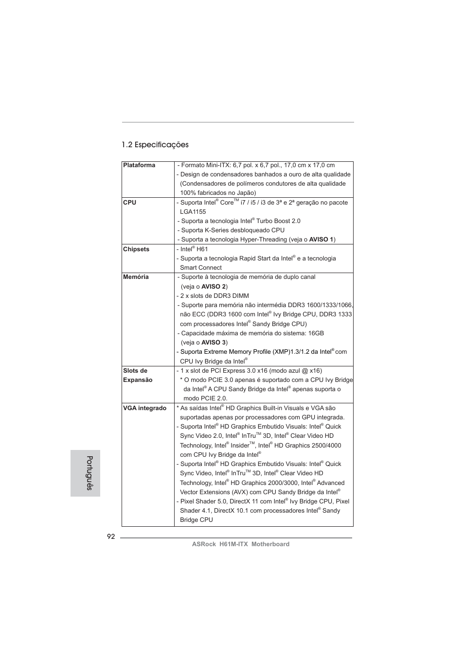 Po rtuguês 1.2 especificações | ASRock H61M-ITX User Manual | Page 92 / 165