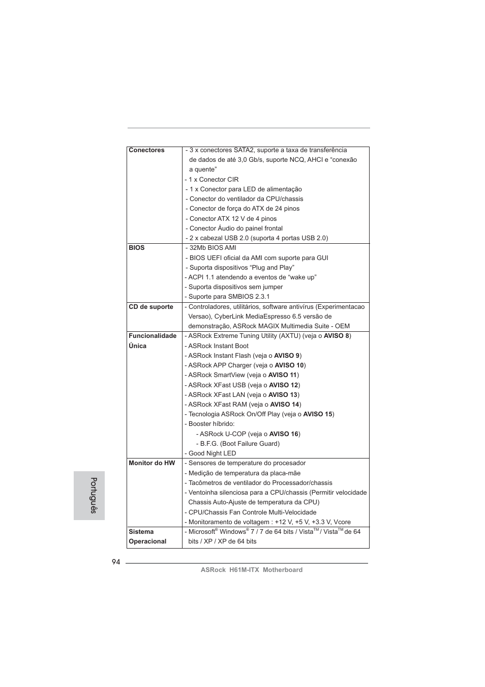 Po rtuguês | ASRock H61M-ITX User Manual | Page 94 / 165