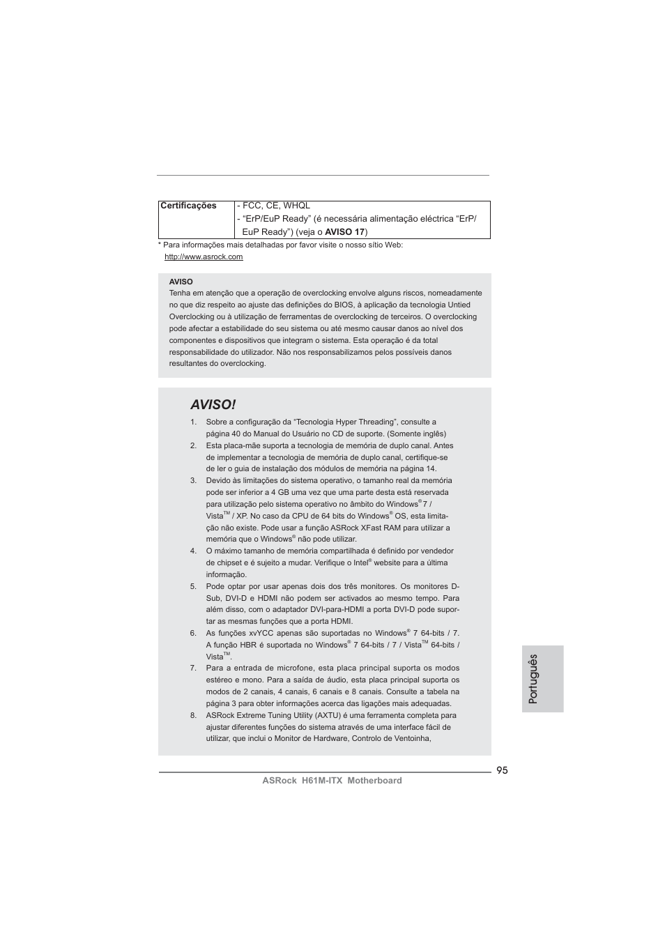 Aviso, Po rtuguês | ASRock H61M-ITX User Manual | Page 95 / 165