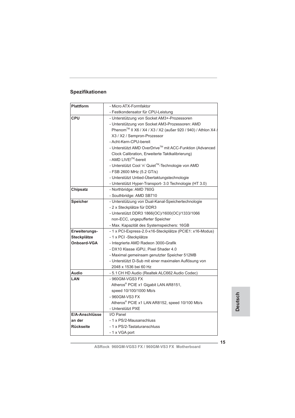 German, Spezifi kationen, Deutsch | ASRock 960GM-VGS3 FX User Manual | Page 15 / 39