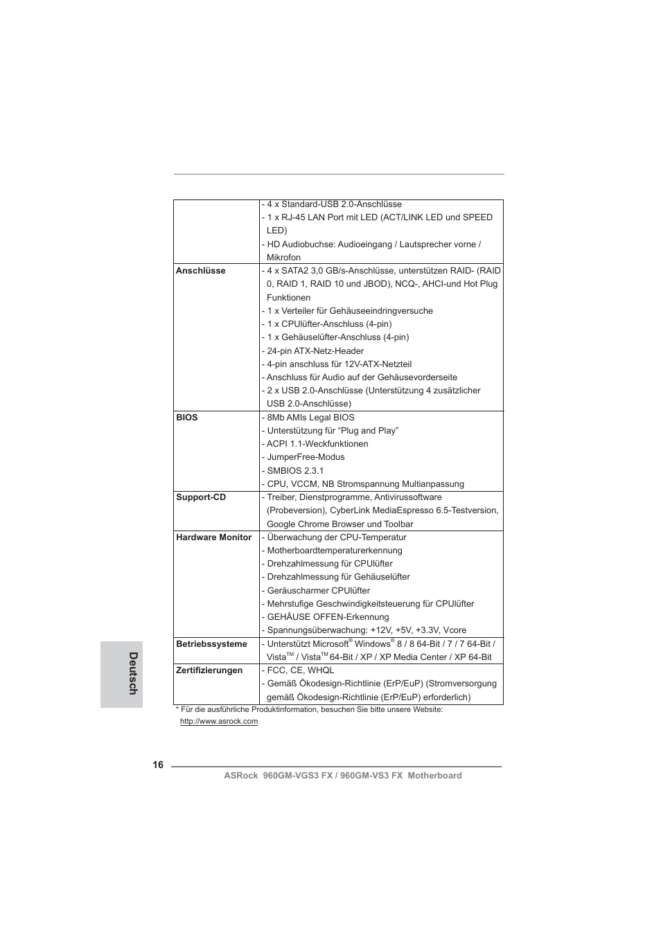 Deutsch | ASRock 960GM-VGS3 FX User Manual | Page 16 / 39