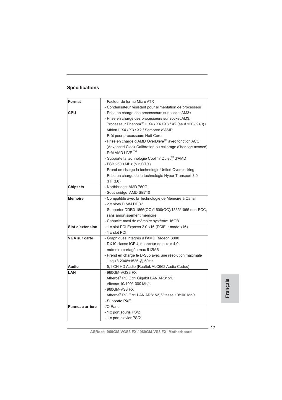 French, Français spécifi cations | ASRock 960GM-VGS3 FX User Manual | Page 17 / 39