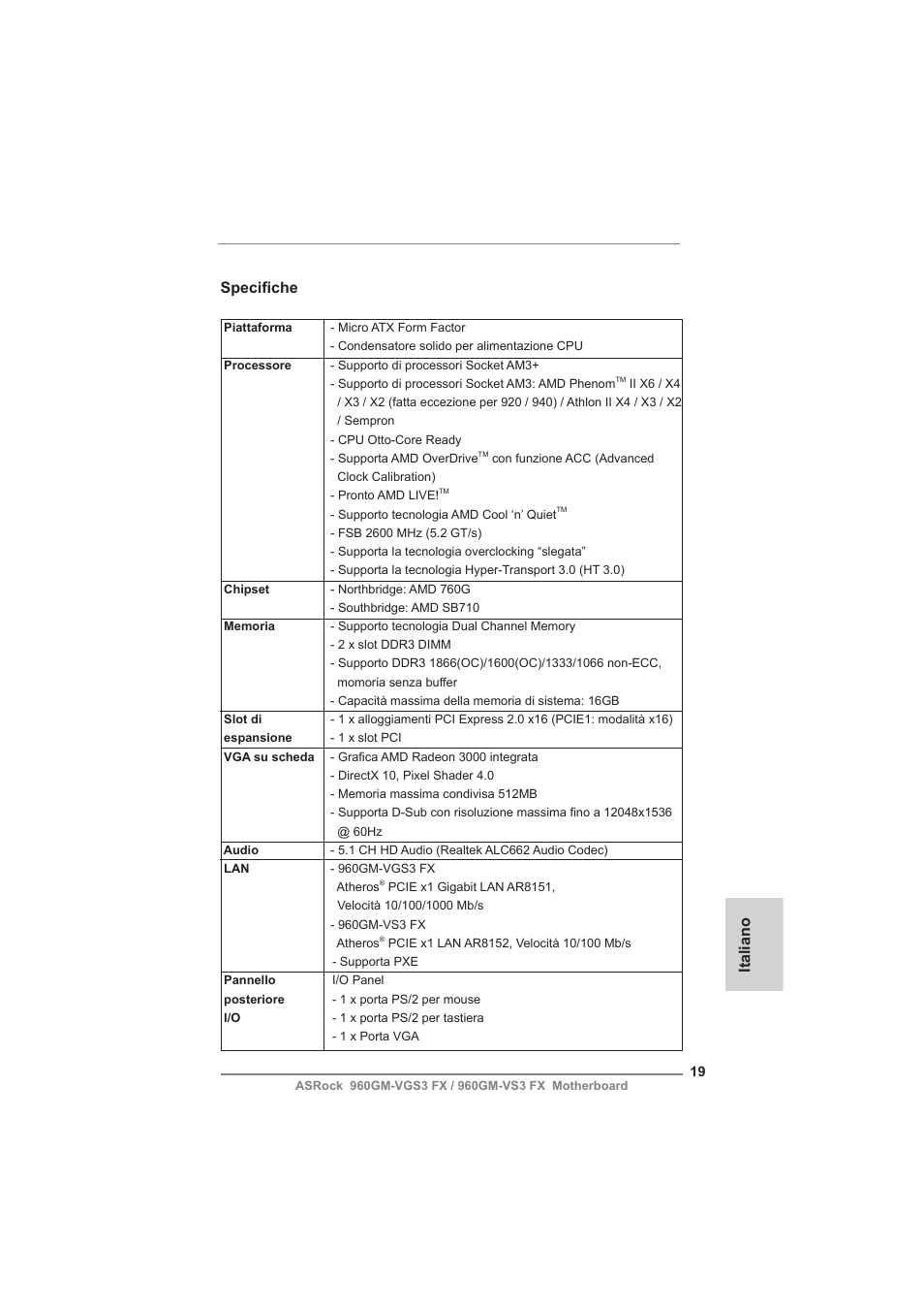 Italian, Italiano specifi che | ASRock 960GM-VGS3 FX User Manual | Page 19 / 39