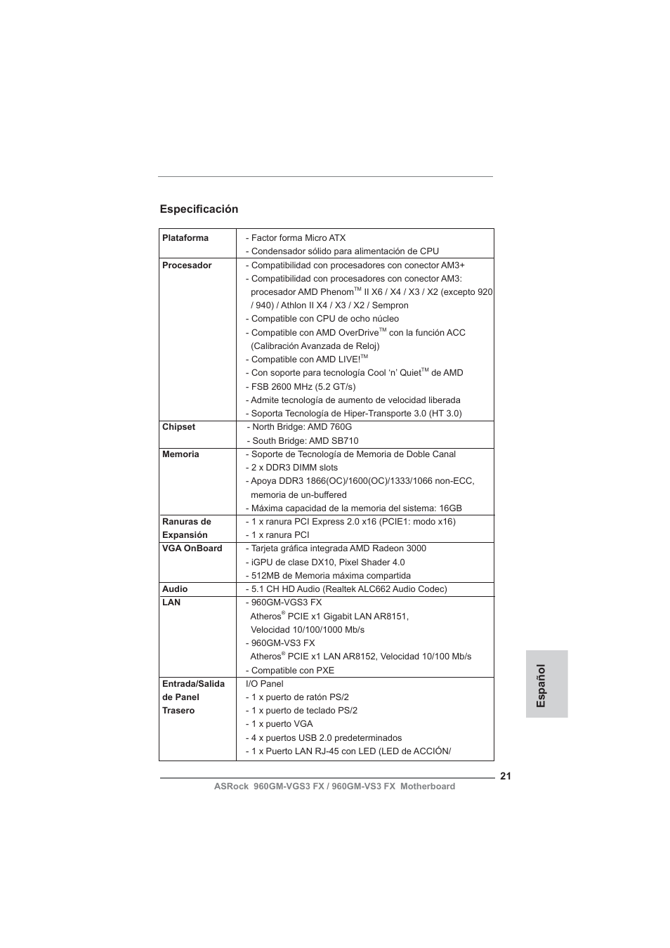 Spanish, Español especifi cación | ASRock 960GM-VGS3 FX User Manual | Page 21 / 39