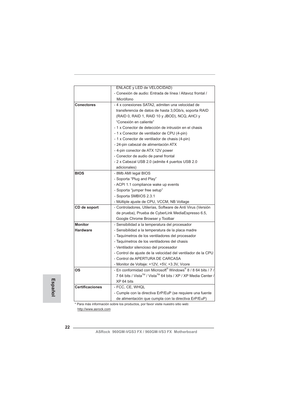 Español | ASRock 960GM-VGS3 FX User Manual | Page 22 / 39
